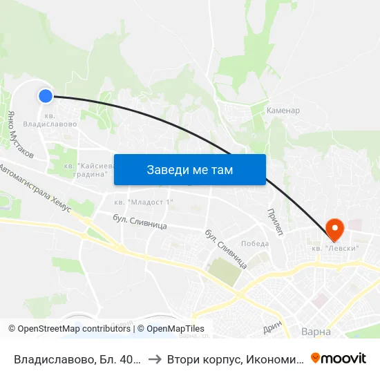 Владиславово, Бл. 407 / Vladislavovo Qr, Bl. 407 to Втори корпус, Икономически Университет - Варна map