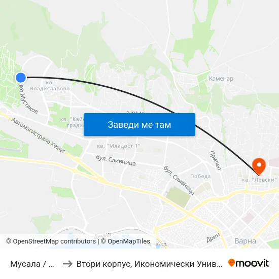 Мусала / Musala to Втори корпус, Икономически Университет - Варна map