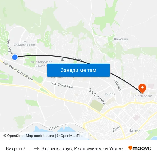 Вихрен / Vihren to Втори корпус, Икономически Университет - Варна map