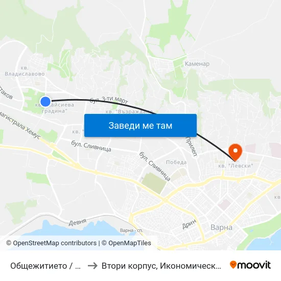 Общежитието / Obshtezhitieto to Втори корпус, Икономически Университет - Варна map