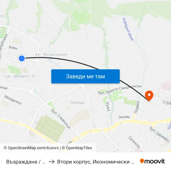 Възраждане / Vazrajdane to Втори корпус, Икономически Университет - Варна map