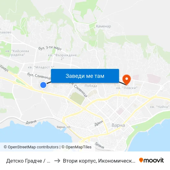 Детско Градче / Children's Town to Втори корпус, Икономически Университет - Варна map