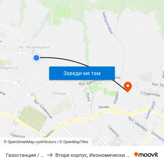 Газостанция / Gas Station to Втори корпус, Икономически Университет - Варна map