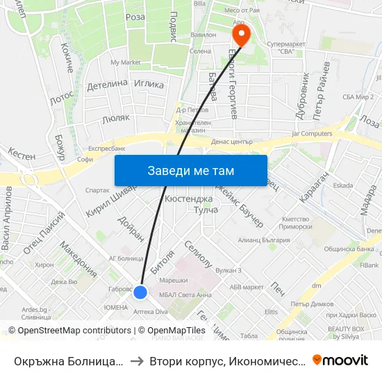 Окръжна Болница / County Hospital to Втори корпус, Икономически Университет - Варна map