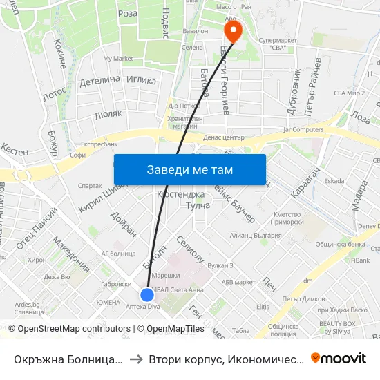 Окръжна Болница / County Hospital to Втори корпус, Икономически Университет - Варна map