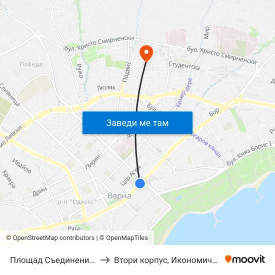 Площад Съединение / Saedinenie Square to Втори корпус, Икономически Университет - Варна map