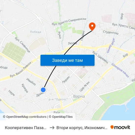 Кооперативен Пазар / Cooperative Market to Втори корпус, Икономически Университет - Варна map