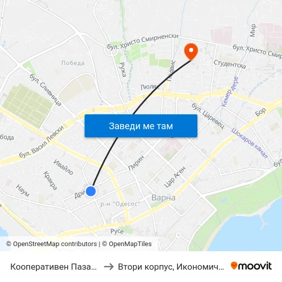Кооперативен Пазар / Cooperative Market to Втори корпус, Икономически Университет - Варна map