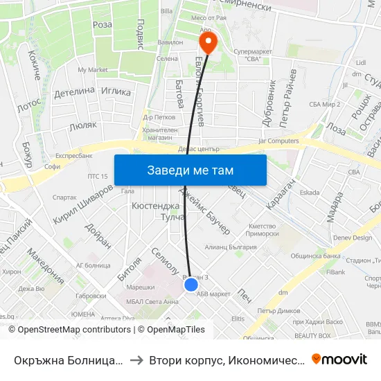 Окръжна Болница / County Hospital to Втори корпус, Икономически Университет - Варна map