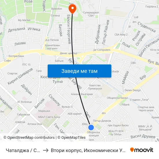 Чаталджа / Chataldzha to Втори корпус, Икономически Университет - Варна map