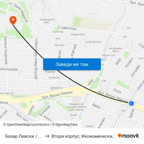 Базар Левски / Levski Market to Втори корпус, Икономически Университет - Варна map