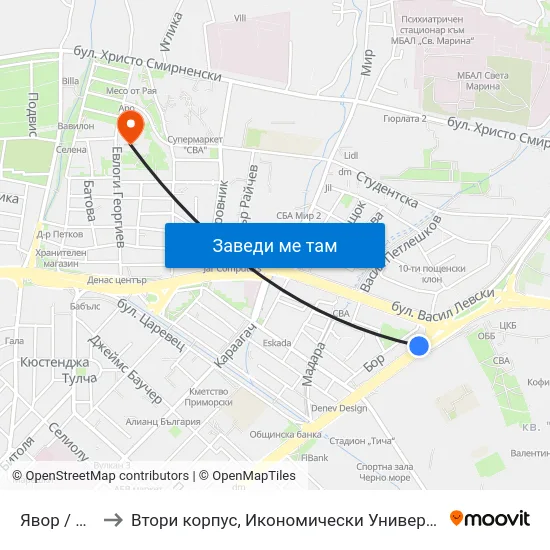 Явор / Yavor to Втори корпус, Икономически Университет - Варна map