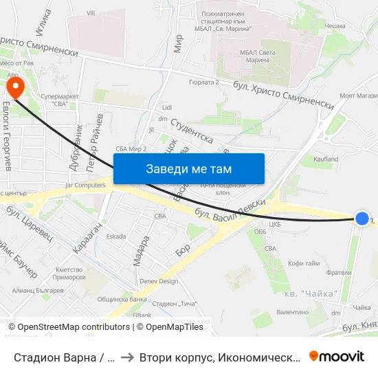 Стадион Варна / Varna Stadium to Втори корпус, Икономически Университет - Варна map