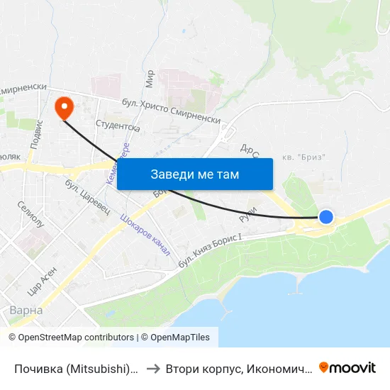 Почивка (Mitsubishi) / Pochivka (Mitsubishi) to Втори корпус, Икономически Университет - Варна map