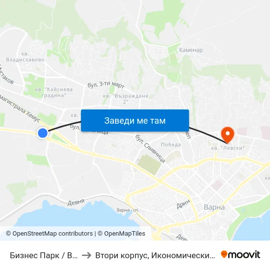 Бизнес Парк / Business Park to Втори корпус, Икономически Университет - Варна map