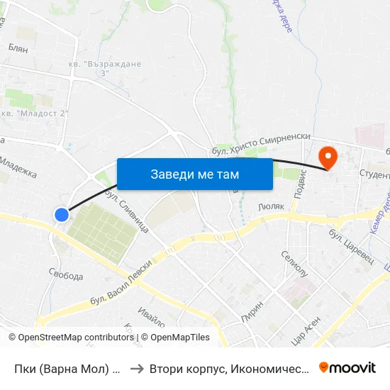 Пки (Варна Мол) / Pki (Varna Mall) to Втори корпус, Икономически Университет - Варна map