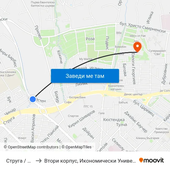 Струга / Struga to Втори корпус, Икономически Университет - Варна map