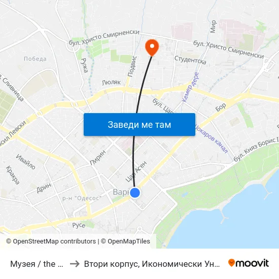 Музея / the Museum to Втори корпус, Икономически Университет - Варна map