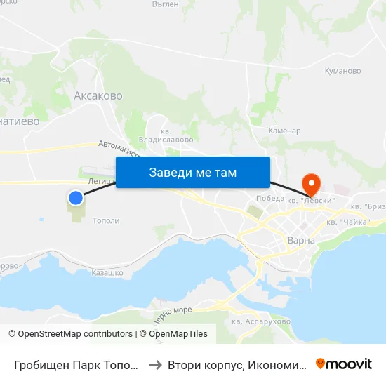 Гробищен Парк Тополи / Topoli Cemetery Park to Втори корпус, Икономически Университет - Варна map