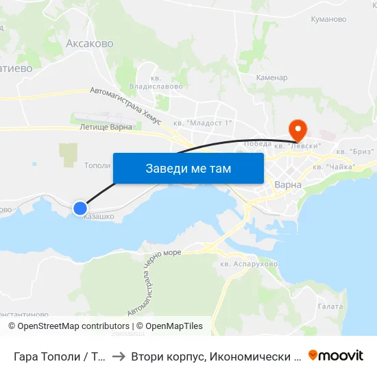 Гара Тополи / Topoli Station to Втори корпус, Икономически Университет - Варна map