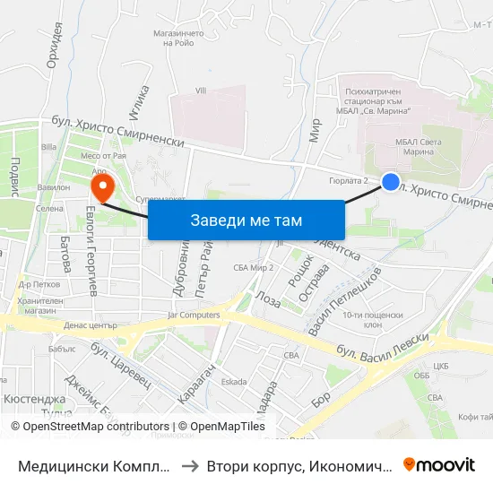 Медицински Комплекс / Medical Complex to Втори корпус, Икономически Университет - Варна map