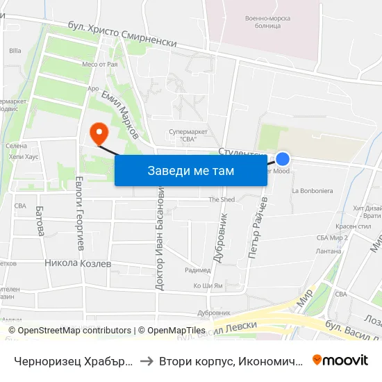 Черноризец Храбър / Chernorizets Hrabar to Втори корпус, Икономически Университет - Варна map