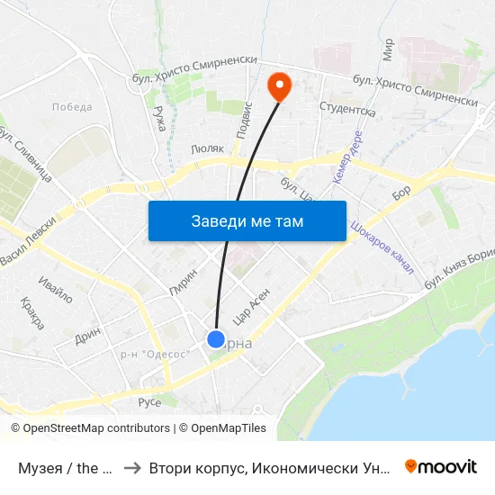 Музея / the Museum to Втори корпус, Икономически Университет - Варна map