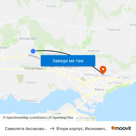 Самолета Аксаково / Samoleta Aksakovo to Втори корпус, Икономически Университет - Варна map