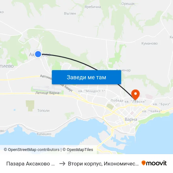Пазара Аксаково / Aksakovo Market to Втори корпус, Икономически Университет - Варна map