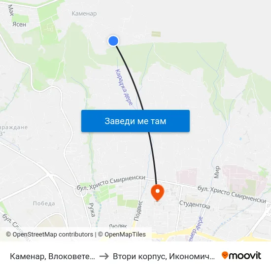 Каменар, Bлоковете / Kamenar, Blokovete to Втори корпус, Икономически Университет - Варна map