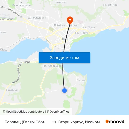 Боровец (Голям Обръщач) / Borovets (Big Tumbler) to Втори корпус, Икономически Университет - Варна map