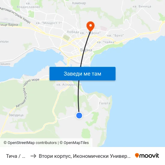 Тича / Ticha to Втори корпус, Икономически Университет - Варна map