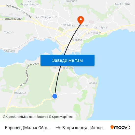 Боровец (Малък Обръщач) / Borovets (Small Tumbler) to Втори корпус, Икономически Университет - Варна map