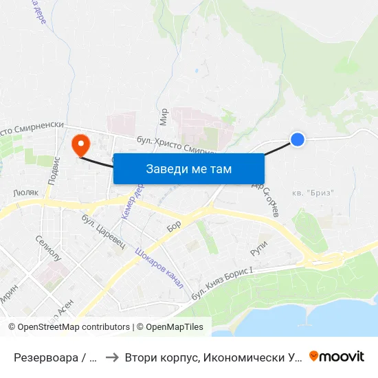 Резервоара / Rezervoara to Втори корпус, Икономически Университет - Варна map