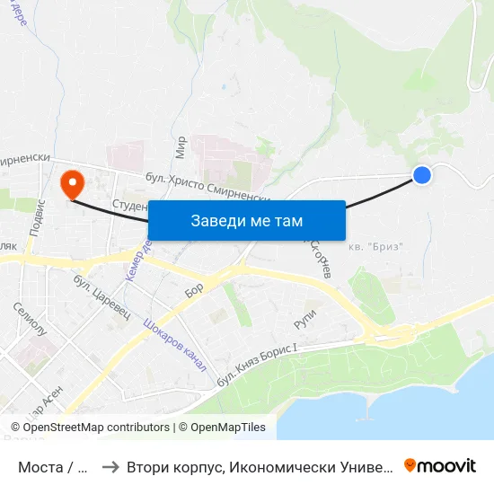 Моста / Mosta to Втори корпус, Икономически Университет - Варна map