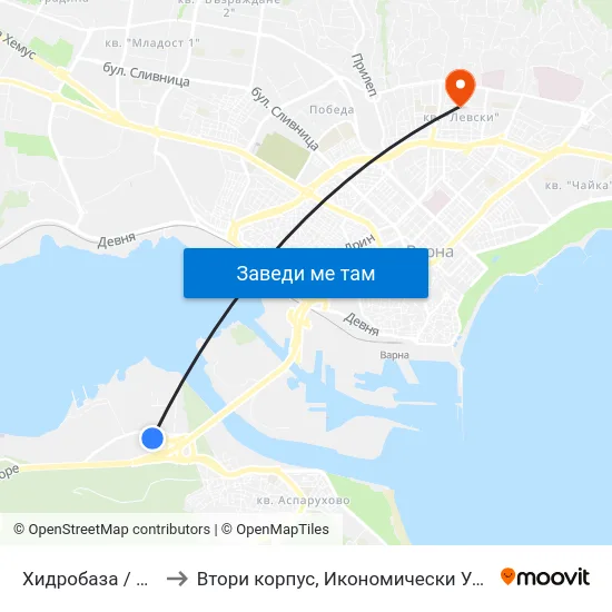 Хидробаза / Hydrobaza to Втори корпус, Икономически Университет - Варна map