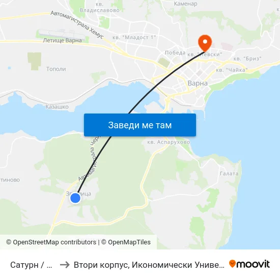 Сатурн / Saturn to Втори корпус, Икономически Университет - Варна map