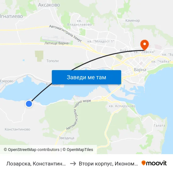 Лозарска, Константиново / Lozarska, Konstantinovo to Втори корпус, Икономически Университет - Варна map