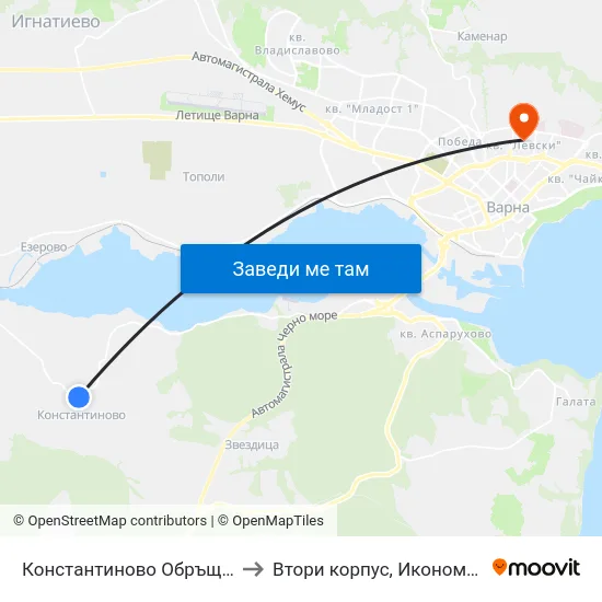 Константиново Обръщач / Konstantinovo Turn Spot to Втори корпус, Икономически Университет - Варна map