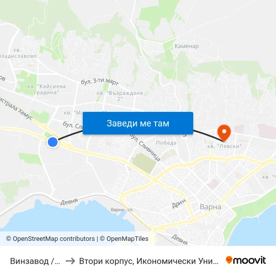 Винзавод / Winery to Втори корпус, Икономически Университет - Варна map