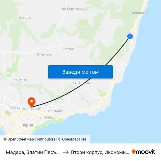 Мадара, Златни Пясъци / Madara, Golden Sands to Втори корпус, Икономически Университет - Варна map
