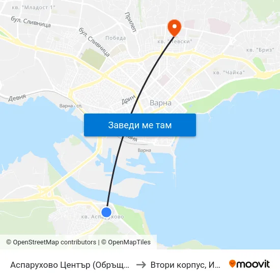 Аспарухово Център (Обръщач Тролеи) / Asparuhovo Centre (Turn Spot Trolleybuses) to Втори корпус, Икономически Университет - Варна map