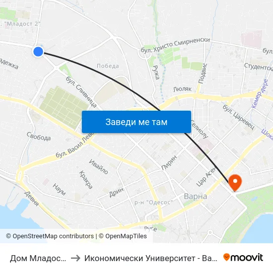 Дом Младост / Dom Mladost to Икономически Университет - Варна (University of Economics - Varna) map