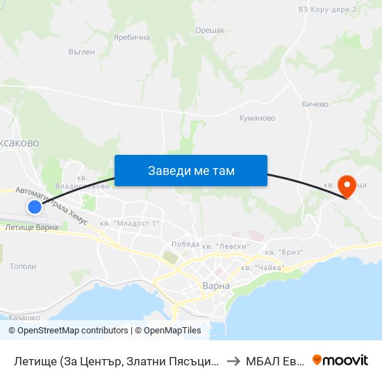 Летище  (За Център, Златни Пясъци) / Airport  (For Center, Golden Sands) to МБАЛ Еврохоспитал map