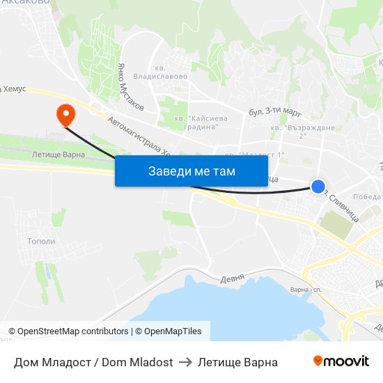 Дом Младост / Dom Mladost to Летище Варна map