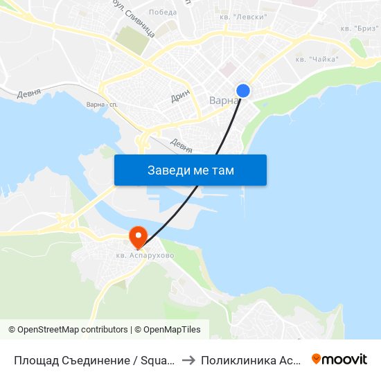 Площад Съединение / Square Saedinenie to Поликлиника Аспарухово map