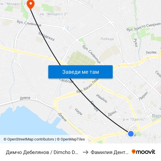 Димчо Дебелянов / Dimcho Debelyanov to Фамилия Дент Еоод map