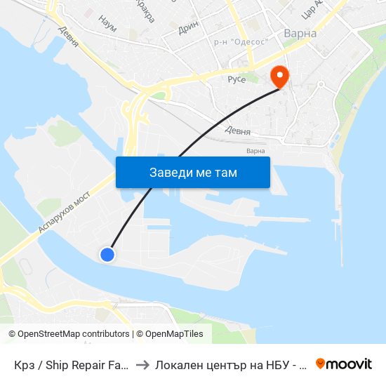 Крз / Ship Repair Factory to Локален център на НБУ - Варна map