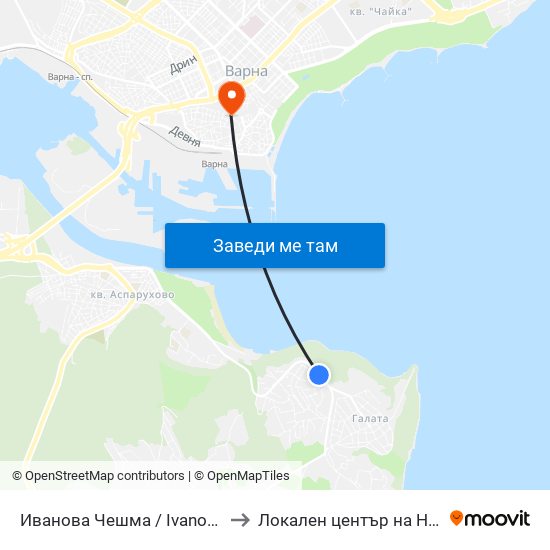 Иванова Чешма / Ivanova Cheshma to Локален център на НБУ - Варна map