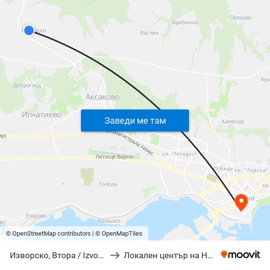 Изворско, Втора / Izvorsko, Vtora to Локален център на НБУ - Варна map